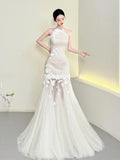 Daiiibabyyy  White Simple A-Line Korea Wedding Dresses Women Halter Soft Tulle Floor Length Elegant Bridal Gowns 웨딩드레스 Customized Corsets