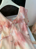 Daiiibabyyy  Women's Elegant Puff Sleeve Ruffles V Neck Floral Long Dress Lady Summer Short Sleeve Slim A Line Long Dress