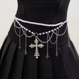 DAIIIBABYYY  -  Steampunk Metal Mesh Tassel Cross Pendant Waist Chain Sexy Gothic Imitation Pearl Body Chain Women's Bar Body Jewelry