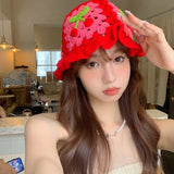 Daiiibabyyy Summer New Women Crochet Hand Made Hollow Knitted Fisherman Hats Casual Knit Hats Cherry Red Pink Bucket Hat Cap