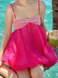 Daiiibabyyy  Summer French Sweet Solid Patchwork Sequined Spaghetti Strap Loose Camis