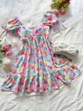 Daiiibabyyy  Women Summer Floral Print Bubble Sleeve Loose Fit A-Line Dress With Ruffles