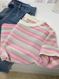 Daiiibabyyy  Summer Fre Sle Women's Striped ort Sve T-irt Korean Version Regular Cotton Comfortable oulder Length Top