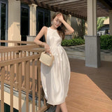 DAIIIBABYYY  -  Super Fairy Sexy Sanya Beach Resort Party Skirt Women Elegant Pearl Backless Bow Dress Summer Holiday Apricot Glossy Midi Dress