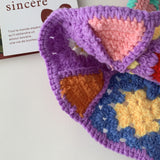 Daiiibabyyy  Wind Flower Handmade Wool Crochet Bucket Hat Women's Big Brim Retro Grandmother Grid Splicing Crochet Bucket Hat