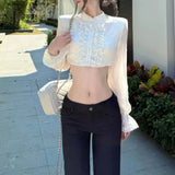 Daiiibabyyy  Spring White Lace Spliced Crop Shirt Women Stand Collar Long Sleeve Standard Shoulder Slim Casual Streetwear Tops