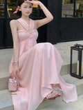 Daiiibabyyy Women Elegant Pink Sleeveless Backless Long Dresses Summer Holiday Goddess High Waist Halter Pleated A-line Sundress Vestido