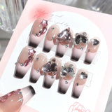 Daiiibabyyy 24pcs Rhinestone Design Fake Nails Sparkling Diamond Pink Heart-shaped False Nails Wearable Full Cover Nail Tips Press on Nails