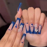 Daiiibabyyy  24Pcs Mid-length Ballet False Nail with Blue French 3D Flower Design Press on Nails Reusable Finished Full Cover Fake Nails Tips
