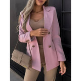 DAIIIBABYYY  -  New Autumn Fashion Solid Color Suit Collar Double Breasted Small Suit Temperament Commuter Women's Pocket Casual Coat