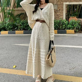 DAIIIBABYYY  -  Knitted Two Piece Sets Women's 2pc Crochet Hollow Out Fashion Long Sleeve V Neck Shirt Cardigan&High Waist A Line Skirt Suits