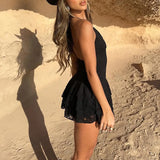 Daiiibabyyy  Hottie Lace Dress Summer Holiday Rave Party New Outfit Halter V-neck High Waist Open Back Solid Lacing Pleated Mini Dresses