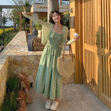 DAIIIBABYYY  -  Sweet Girl Off-shoulder Sleeveless Slim Waist Plaid Camisole Dress + Solid Color V-neck Thin Knitted Smock Cardigan 2-piece Set