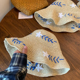 Daiiibabyyy  New Summer Style Flower Patterned Straw Hat Featuring Sunshade Sun Protection Fisherman's Hat French Seaside Beach Vacation Hat