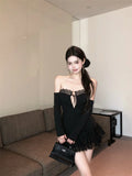 Daiiibabyyy  Hot Girls Short Party Dress Women Summer New Strapless Sheath Club Dress with Sleeves Hollow Out Lace Trim Mini Black Dresses