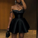 DAIIIBABYYY  -  Black Sequin Patchwork Slim A-line Dress Lady Sexy Off Shoulder Pleated Suspender Dress Casual Sleeveless High Waist Party Dress