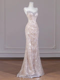 Daiiibabyyy  Sexy Champagne Sequins Prom Dresses Sweetheart Strapless Open Back Evening Party Dress Mermaid Sleeveless Formal Occasion Dress