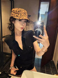 Daiiibabyyy  Ropa Mujer Solid Woman Sexy Y2k T Shirts Turn Down Collar Ruffled Tunic Bodycon Tees Fashion Vintage Summer Pocket T-shirt