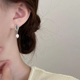 Daiiibabyyy  Sweet Oval Blue Glass Stone Drop Earrings for Women Girl Niche Elegant Imitation Pearl Dangle Earrings Daily Jewelry Accessories