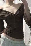 Daiiibabyyy  Beaded Design Low Cut V-neck Pleated One Shoulder Split Half Sleeved Top Sexy Temperament Spicy Girl T-shirt