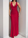 Daiiibabyyy  Sexy Elegant Party Long Dress Summer Solid Color V-Neck Halter Neck Backless Sleeveless Beach Maxi Fashion Dresses
