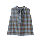 DAIIIBABYYY  -  Sweet Girl French Retro Plaid Bow Lace-up Sleevelss Shirts Women's Summer Loose Casual Slimming Pullover Tops Female Clothing