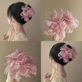 Daiiibabyyy  Sweet Mesh Flower Pearl Hair Clip for Women Gentle Elegant Pan Hair Shark Clip Temperament Girl Hair Accessories