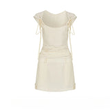 DAIIIBABYYY  -  Women's Solid Color Small Flying Sleeve Lace-up Pleated Dresses Summer Streetwear High Waist Slimming Short Dress Female Clothes