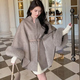 DAIIIBABYYY  -  French Elegant Woolen Coat  Women Fashion OL With Belt Elegant Jacket Office Lady Vintage Batwing Sleeve Outerwear