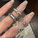 Daiiibabyyy  Italian Retro Jewelry Hollow Lace Honeycomb Design Silver Color Rings Black Enamel Inlaid Zircon Ring For Women