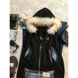 Daiiibabyyy  Subcultural Y2k Letter Print Hooded Skull Sweatshirt Autumn Loose Cardigan Coat Women 2025 Fashion Black Women's Jackets
