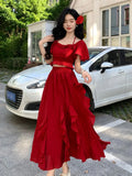 DAIIIBABYYY  -  New Drunken Wild Berry Red Dress Set Feminine Top Irregular Ruffled Edges Super Fairy Half Two-piece Set Women