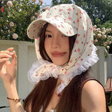 DAIIIBABYYY  -  Korean Version Bow Print Lace Strap Headscarf Hat Women's Summer French Pastoral Style Sweet Vacation Curved Brim Sun Cap