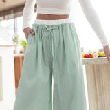 Daiiibabyyy Women y2k Loose Wide Leg Pants Casual Striped Print Elastic Drawstring Trousers with Pockets Aesthetic Long Pants Streetwear