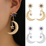 Daiiibabyyy 2PC/Set Fashion Diamond Star Moon Stud Earrings for Women Exaggerate Zircon Inlaid Long Drop Dangle Earrings Girls Jewelry Gift