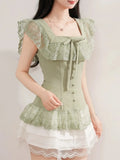 Daiiibabyyy  Vintage Japanese Square Collar Short Sleeve Solid Lace Patchwork Bow Women Blouse