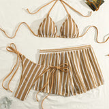 Daiiibabyyy  Stripe Mesh Three-piece Set Bikini Set Fashion Multiple Styles Multi-Color For Women's Sexy Backless Strap Triangle Cup Swimwear