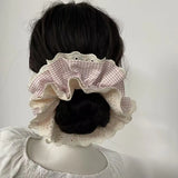 Daiiibabyyy  1PC Large Pink Plaid Hair Scrunchie With Lace Trim, Sweet Ruffled Hair Tie, Cute Hair Accessory For Women And Girls