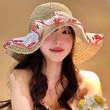Daiiibabyyy  Women's Cute Sun Hat  Little Cherry Lace Trimmed Straw Hat Girl Summer Beach Vacation Sun Hat Sunshade Kawaii Sun Protection Hat