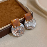 Daiiibabyyy  Vintage Brown Coffee-patterned Glaze Texture Round Earrings Trendy French Acrylic Tinted Geometric Women Ear Accessories
