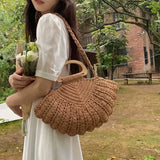 Daiiibabyyy  New Retro Fan-shaped Crochet Woven Underarm Bag for Women Ins Style Seaside Vacation Versatile Wooden Handle Shoulder Bag