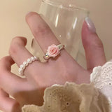 Daiiibabyyy  Romantic Pearl Rose Flower Finger Rings for Women Girls 3D Pink Rose Ring Elegance Aesthetic Jewelry Temperament Accessories