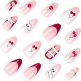 DAIIIBABYYY  -  24pcs Red Cherry Fake Nails French Almond Press on Nails with white Bow Decor Full Cover Wearable False nail Tips For Women