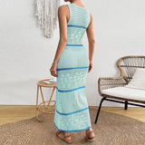 DAIIIBABYYY  -  Vestidos Sexy Crochet Hook Knitted Dress Woman O-Neck Striped Print Hollow Long Dress 2025 Summer Sleeveless Holiday Beach Dress