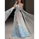 Daiiibabyyy  Fairy Blue A-line Evening Gown Dresses Fashion 3D Followers Wedding Dress Simple Photo Shoot Floor-Length Birthday Party Dress