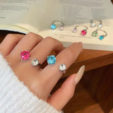 Daiiibabyyy  New Korean Copper Set Zircon Open Ring for Women Exquisite Colorful Rhinestone Adjustable Ring Engagement Dating Jewelry