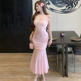 DAIIIBABYYY  -  Pink Mesh Embroidery Chic Diamon Luxury Dress Women Elegant Neck-mounted Long Dress Summer Korean Bodycon One Piece Dresses