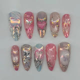 Daiiibabyyy  24Pcs Mid-length Almond Press on Fake Nails Blue Pink Gradient Butterfly False Nails Heart Gilded Silver Reusable Manicure Tips
