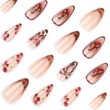 Daiiibabyyy  24pcs Vintage Flower Press On Nails Wine Red Bowknots Cherry Designs Almond False Nails French Style Reusable Fake Nail Tips