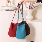 Daiiibabyyy  Casual Large Capacity Handwoven Bucket Bag Solid Color Straw Design Metal Line Bucket Bag Handmade Boho Shoulder Bag Beach